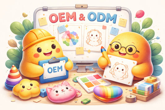 A soft, squishy-style illustration showing two friendly foam characters collaborating on product design, surrounded by colorful prototypes, sketches, and tools in a creative workspace representing OEM and ODM development.